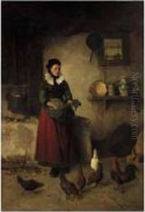 A Westphalian Peasant Girl Feeding Chickens by Walter-Dendy Sadler