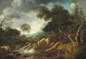 Landscape And River Scene With Eel Fishers by William II Sadler