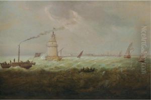 A Steamboat And Naval Squadron Sailing Past Poolbeg Lighthouse, Dublin Bay