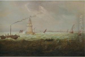 A Steam Powered Tug And Another Small Boat Sailing Past Poolbeg Lighthouse, Dublin Bay