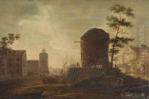 View Of A Continental Riverside Town With Round Tower