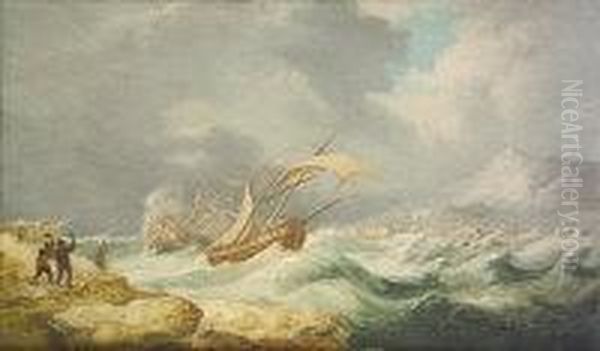 Shipping In Stormy Seas With Distant Port And Mountain - view 1