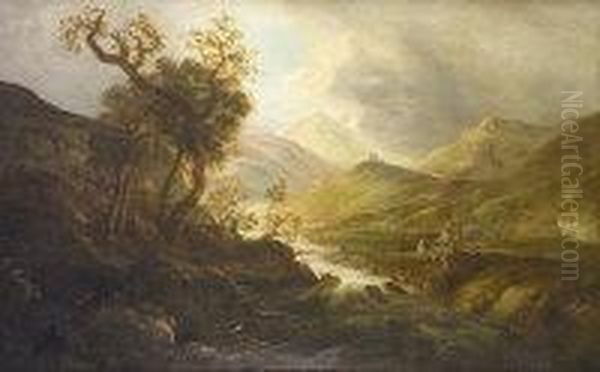 Figures In Mountain Landscape With Hilltop Fort In Distance - view 1