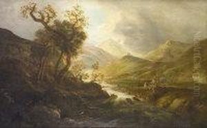 Figures In Mountain Landscape With Hilltop Fort In Distance