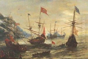 A coastal landscape with frigates and soldiers in a breeze by Andries Van Eertvelt