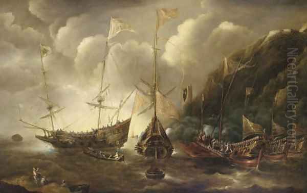 A Mediterranean capriccio of a sea fight between European merchantmen and Ottoman galeasses - view 1