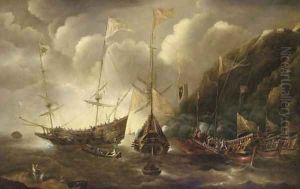 A Mediterranean capriccio of a sea fight between European merchantmen and Ottoman galeasses by Andries Van Eertvelt