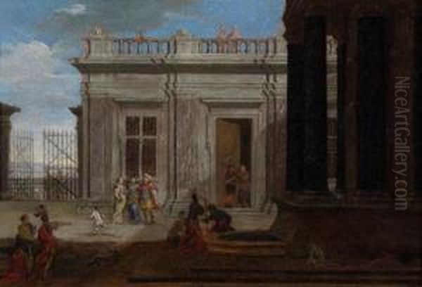 Handler Und Flaneure Vor Einer
Eleganten Architekturkulisse Auf Einer Hafenpyromenade Bzw. Eine
Hofische Gesellschaft Im Hof Eines Schlosses - view 1