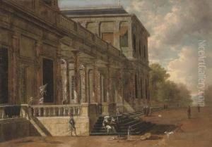 A Palace With Elegant Company Conversing In A Garden, A Lake Beyond