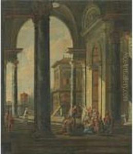 A Palatial Capriccio With Christ Preaching To The Poor by Jacobus Saeys