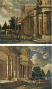 A Pair Of Architectural Capricci With Elegant Figures Conversing In The Foreground by Jacobus Saeys