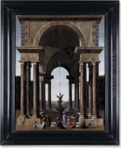 A Classical Portico With An Elegant Company Gathered By A Fountain