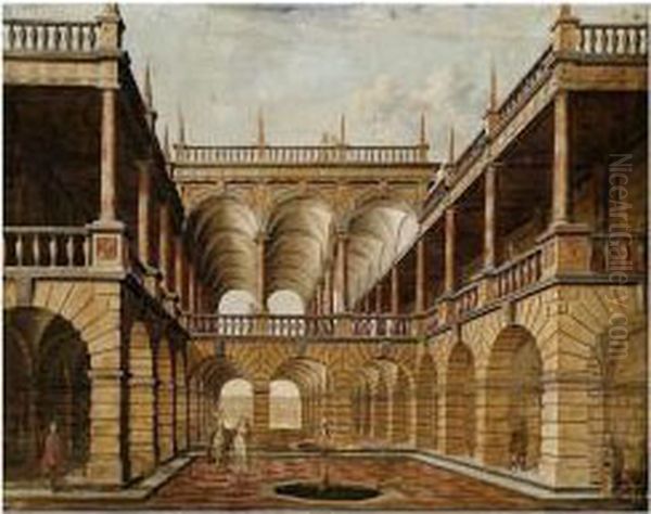 An Architectural Capriccio With Figures In A Classical Courtyard Before A Well - view 1