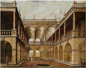 An Architectural Capriccio With Figures In A Classical Courtyard Before A Well