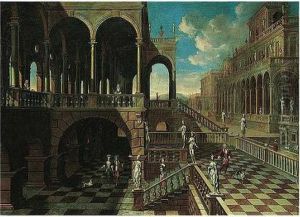 An Architectural Capriccio With Elegant Figures Promenading
