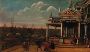 Figures By A Loggia On A Quay, Shipping At Anchor Beyond
