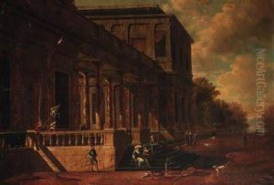 Elegant Figures On The Steps Of A Mansion, A Park Landscapebeyond