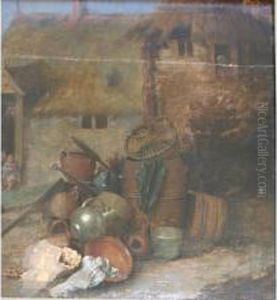 Bowls, Vessels And Flagons By A Barrel In A Cottage Yard