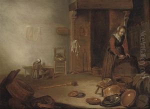 A Kitchen Interior With A Maid Cleaning