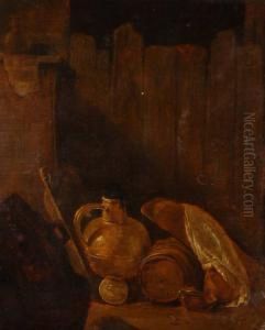 Still Life Study Barrels And Flagons By An Old Wooden Fence