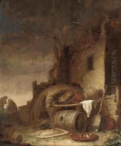 A Barrel, Pots And Pans By A Cottage by Cornelis Saftleven