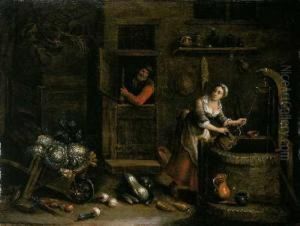 Bauerninterieur Mit Frau Am Brunnen