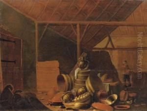 A Barn Interior With Vegetables,
 And Kitchen Utensils, A Peasant Carrying A Basket Beyond by Cornelis Saftleven