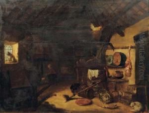 A Barn Interior With Pots, Pans And Vegetables, A Woman By A Stove Beyond by Cornelis Saftleven