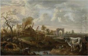 Lanscape With Farmhands And Livestock At A Stream, Farm Buildings Beyond by Cornelis Saftleven