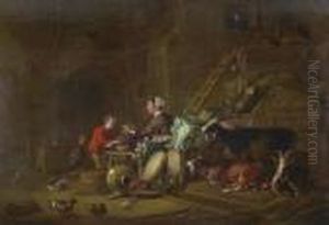 Groses Interieur Mit Magd, Knecht Und Vieh. by Cornelis Saftleven