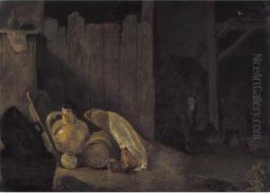 A Barn Interior With A Still 
Life Of A Milk Jug, Barrel And An Assortment Of Pots, With Three Goats 
In The Background by Cornelis Saftleven