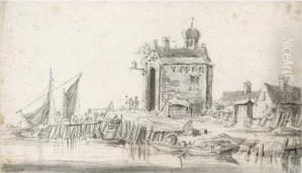 Boats Unloading At A Harbour, Beside A Chapel - view 1
