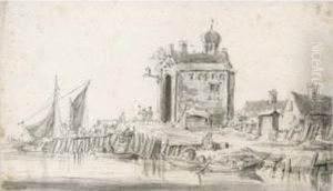 Boats Unloading At A Harbour, Beside A Chapel by Cornelis Saftleven