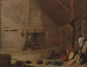 A Barn Interior With A Peasant Cooking On A Fire