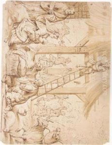 Nativity With A Shepherd Bearing Gifts And Peasants Dancing To Bag-pipes by Cornelis Saftleven