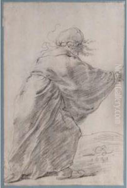 A Wild-haired, Robed Woman Rushing To The Right, Seen From Behind - view 1
