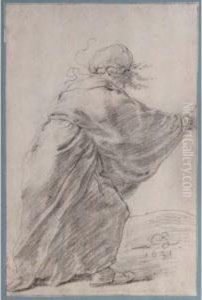 A Wild-haired, Robed Woman Rushing To The Right, Seen From Behind