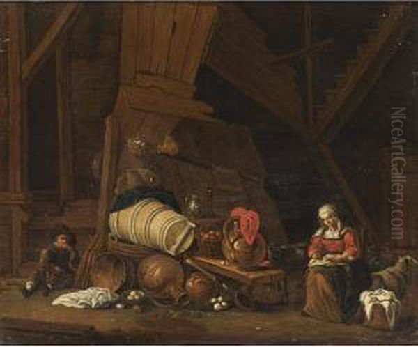 A Barn Interior With A Maid
Sowing, A Boy Eating An Apple And A Still Life Of Pots And Pans And
Fruits - view 1