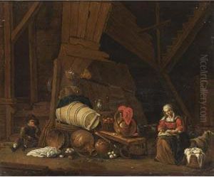 A Barn Interior With A Maid
Sowing, A Boy Eating An Apple And A Still Life Of Pots And Pans And
Fruits by Cornelis Saftleven