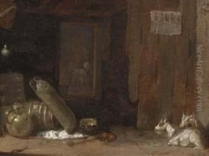 A Barn Interior With Goats And A Lady Milking A Goat Beyond by Cornelis Saftleven
