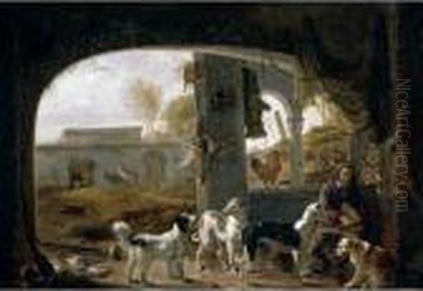 Huntsman Feeding His Dogs Under A Porch With A Farmyard Beyond - view 1