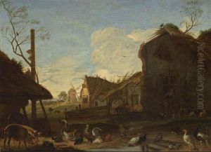 A Farmstead With Pigs, Chicken, 
Peacocks, And Doves, A Peasant Feeding Pigs, And A Peasant Woman 
Standing In A Doorway