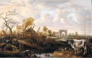 Landscape With Farmhands And Livestock At A Stream, Farm Buildings Beyond by Cornelis Saftleven