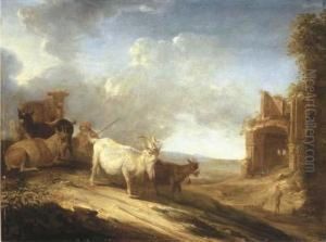 An Open Landscape With A Herdsman, Goats And A Cow On A Track, Aruin Beyond