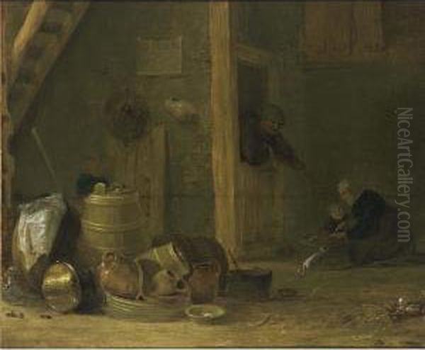 A Barn Interior With A Still
Life With Kitchen Utensils In The Foreground, Together With A Woman And A
Child Preparing Food In The Background, And A Man Leaning In A Doorway - view 1