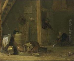 A Barn Interior With A Still
Life With Kitchen Utensils In The Foreground, Together With A Woman And A
Child Preparing Food In The Background, And A Man Leaning In A Doorway by Cornelis Saftleven