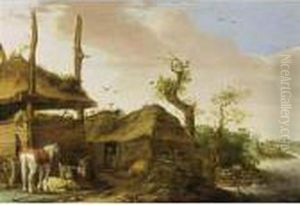 A Farmstead Near A Stream, With A
 Horse, A Goat, A Sheep And Pigs Near A Haystack, With A Peasant Looking
 Out Through His Doorway