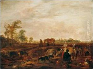 A Landscape With A Milkmaid And 
Man Milking A Cow Near Farm Buildings, A Man Leading A Horse On A Track 
Nearby, A Church And Windmill In The Distance
