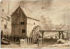 A Watermill And Sluicegate, With A Village Behind by Cornelis Saftleven