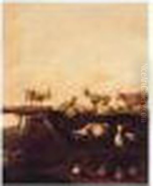 A Riverbank With Goats, Sheep And Ducks By A Bridge - view 1
